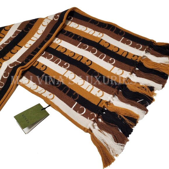 GUCCI SCARF 634166 LOGO STRIPED WOOL COTTON w FRINGE UNISEX 14.5" x 71" - Picture 8 of 16
